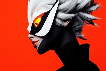 Stylized portrait of a masked figure with white hair and black attire against a red background
