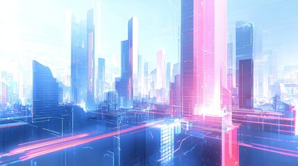 Fototapeta premium White background, city skyline with glowing neon lines, skyscrapers and buildings drawn in minimalistic style, bright blue and light neon effects on the edges of the buildings, futuristic digital city