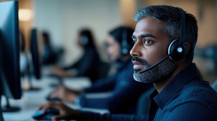 Indian call center worker wearing headset. Focused worker attends calls. Busy call center environment. Man working on computer. Pro services. Modern office setting.