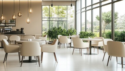Fototapeta premium Modern Cafe Interior with Light and Airy Atmosphere