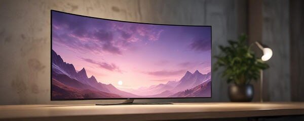 A curved screen mockup with a soft focus effect to create a dreamy atmosphere, abstract background, minimalist setup, electronic display