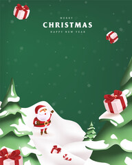 Merry Christmas sign banner frame with empty space and cute funny Santa Claus christmas landscape snow falling and gift box