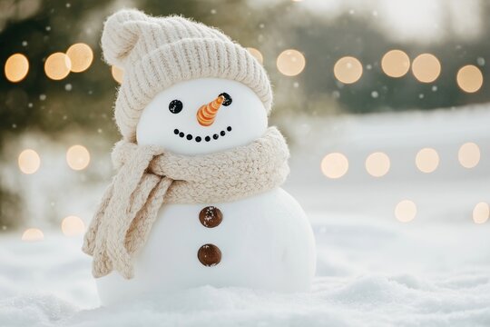 Cute snowman decoration stands in snow. Festive Christmas lights softly glow in background. Snowy winter scene. Cozy holiday. Winter wonderland. Adorable snowman. Christmas time. Snowy. Festive.