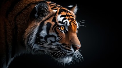 Fototapeta premium Side profile of a Bengal tiger in low-key lighting against a dark background