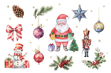 Set of Christmas decorations watercolor vector illustration,Festive Elements – Santa Claus, Nutcracker,Snowman,Gift Boxes, Decorative Balls & More.Ideal for Holiday Cards,Wrapping Designs,Party Decor
