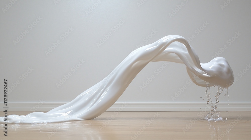 Poster white liquid splash flowing elegantly, creating a dynamic curve with droplets falling onto a wooden 