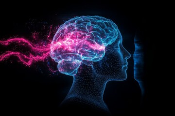 Human brain illustration with visible neurons and capillaries, glowing blue, energy stream between ears, adult man silhouette, profile view, aura and sound energy effects