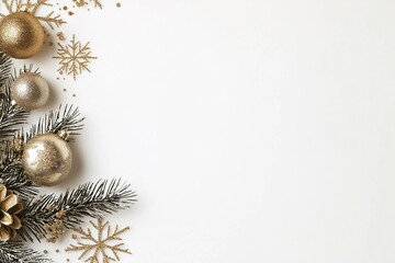 Elegant gold Christmas decorations on plain white background. Christmas ornaments, pine branches create festive mood. Festive gold, silver balls, pine branches arranged for winter theme. Christmas