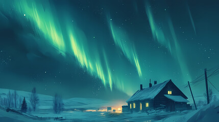 The phenomenon of the northern lights and their magical display in the sky. Aurorae. Illustration