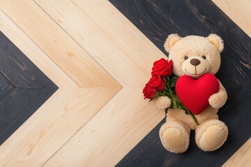 Obraz premium Teddy Bear Holding a Heart Concept. Teddy bear holding roses and a heart on wooden floor background