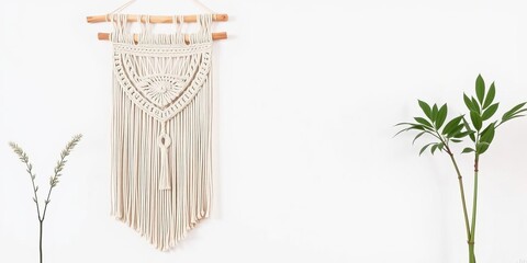Macrame wall hanging with intricate knot patterns in modern boho, scandinavian, and minimal style eco design, eco design, bohemian