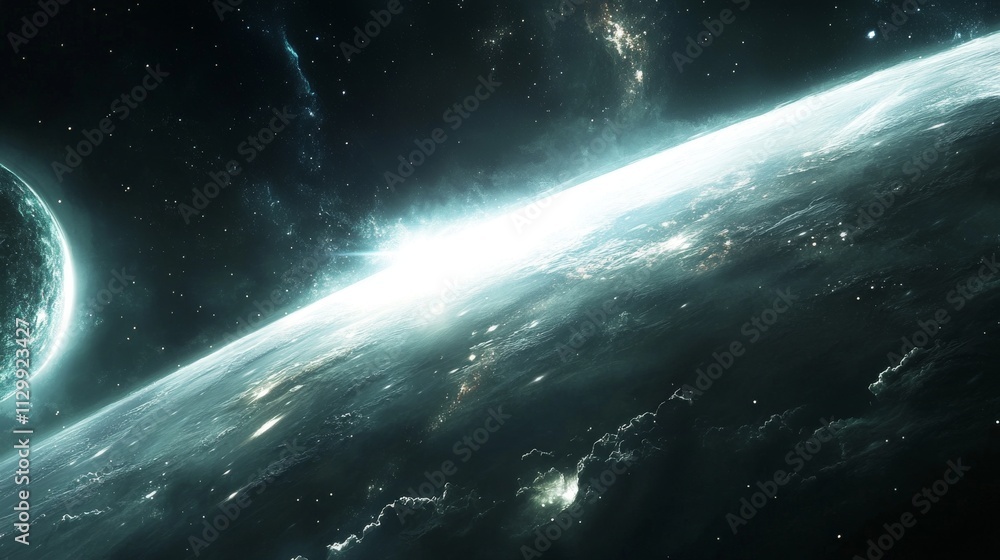 Poster a glowing planet with a distant sun shining on its horizon is beautifully illuminated against the da