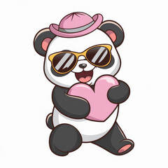 Fototapeta premium Adorable panda character with heart and summer style. Playful panda illustration for love concept isolated on a white background.