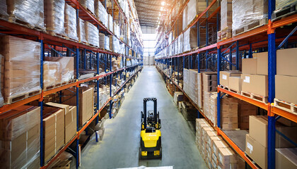Warehouse worker organizing stock on shelves in industrial building