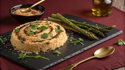 Luxurious Editorial Shot of Farofa with Asparagus and Garnish