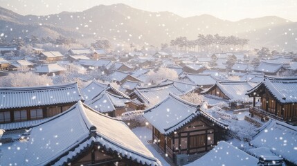 A picturesque winter scene of a quiet hanok village blanketed in fresh snow, intricate wooden rooftops highlighted by soft morning light, snowflakes gently falling to the ground
