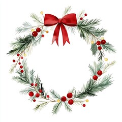 Watercolor Christmas wreath design. Round shape with green pine branches. Red berries, yellow accents decorate wreath. Red ribbon bow central element. Image isolated on white background. Perfect for