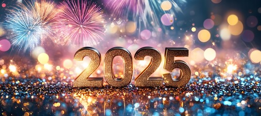 2025 New Year Celebration - Golden Numbers And Fireworks At Eve Night With Abstract Defocused Bokeh Lights,


