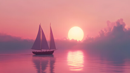 Fototapeta premium Tranquil sailboat drifting on calm sea during sunset. Drift. Illustration