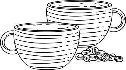 Vintage coffee cup and beans hand drawn vector