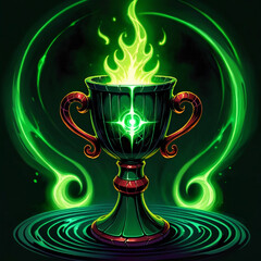 A green goblet with ornate handles sits on a swirling green surface, a green flame rising from its center. It glows with mystical energy, radiating magic.