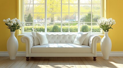 A white sofa in front of the window, light yellow walls, and a wood floor. White vases with flowers on top of them, natural lighting, and a spring scenery outside the windows.