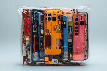 Disassembled Phones in Transparent Bag with Glowing Light