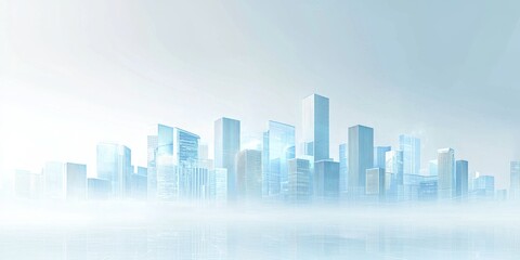 Naklejka premium Blue and white background, technology-style blocks of glass floating in the air, white space at the top, light blue color tone, futuristic city buildings in perspective, 3D rendering, high-resolution 