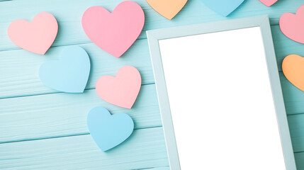 Empty Picture Frame Surrounded by Colorful Heart Shapes on Blue Wooden Background