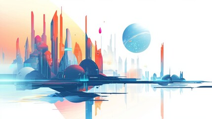 An abstract and minimalist illustration of a futuristic cityscape, Vector style, simple shapes, White background, clean composition, flat color blocks, no shadows, no gradients 
