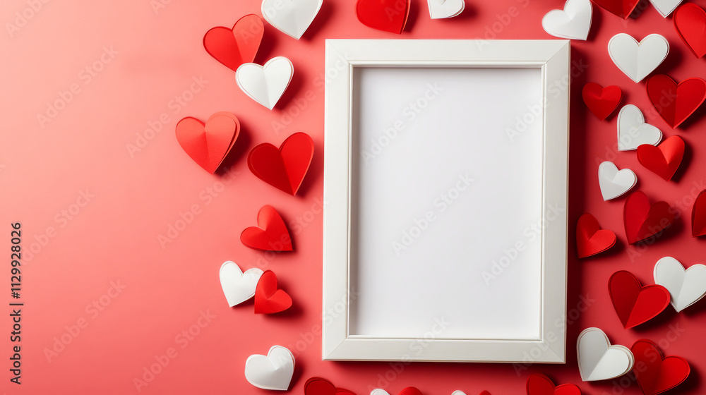 Poster empty picture frame surrounded by white and red heart shapes on a soft pink background