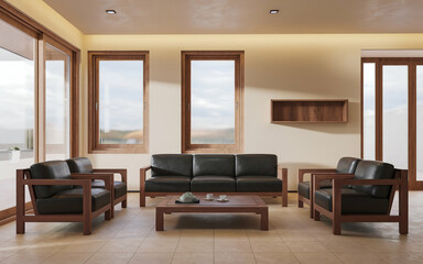 modern living room with a large black sofa and two black armchairs. The room has wooden , including a wooden coffee table and a bookshelf. There is a potted plant near the window.