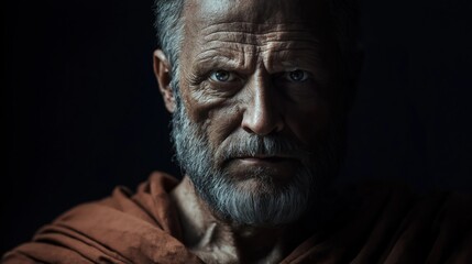Aged man with weathered face, piercing eyes. Toga draped dramatically. Serious, thoughtful expression. Possible scenario ancient philosopher historical figure. Dramatic lighting, high contrast.