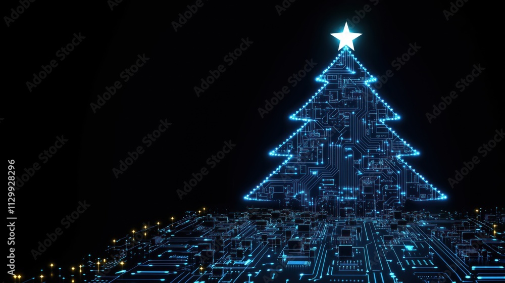 Poster abstract tech christmas tree. luminous blue circuit board tech tree. modern digital christmas tree. 