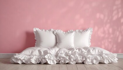 Delicate white ruffled pillow against pink wall, soft furnishing, comfy cushion, chic accessory, fashionable pillow.