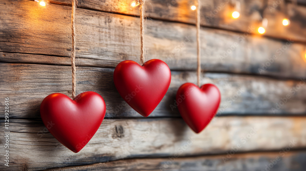 Poster red heart decorations hanging with string on rustic wooden background and string lights