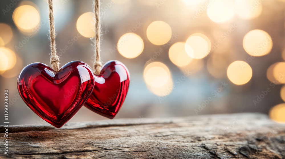 Poster two red heart ornaments hanging on a string with blurred bokeh background