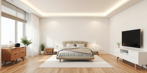 Minimalist bedroom with neutral colors, clean lines, modern furniture, and a cozy atmosphere, simple, cozy