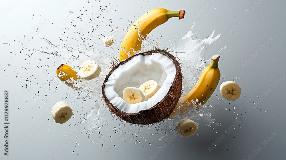 Poster exploding coconut and bananas in mid-air with splashes.