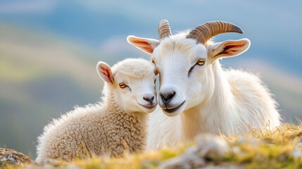 Obraz premium Tender Moment Between Mother Goat and Baby Goat on a Scenic Green Pasture