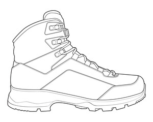Hiking boots illustration. Outline vector boots. Side view hiking boots isolated with white background.