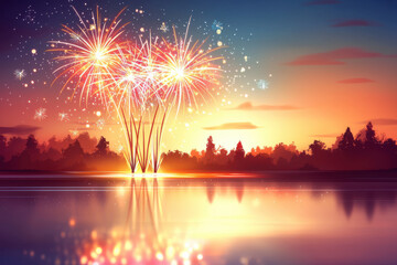 Stunning fireworks illuminate night sky over tranquil lake