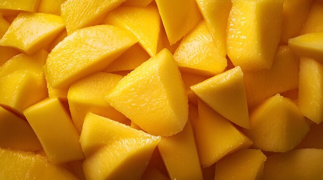 Close up view of many diced mango pieces