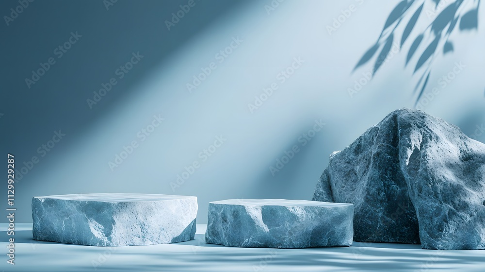 Poster abstract arrangement of stone-like shapes in a minimalist blue setting with soft shadows.
