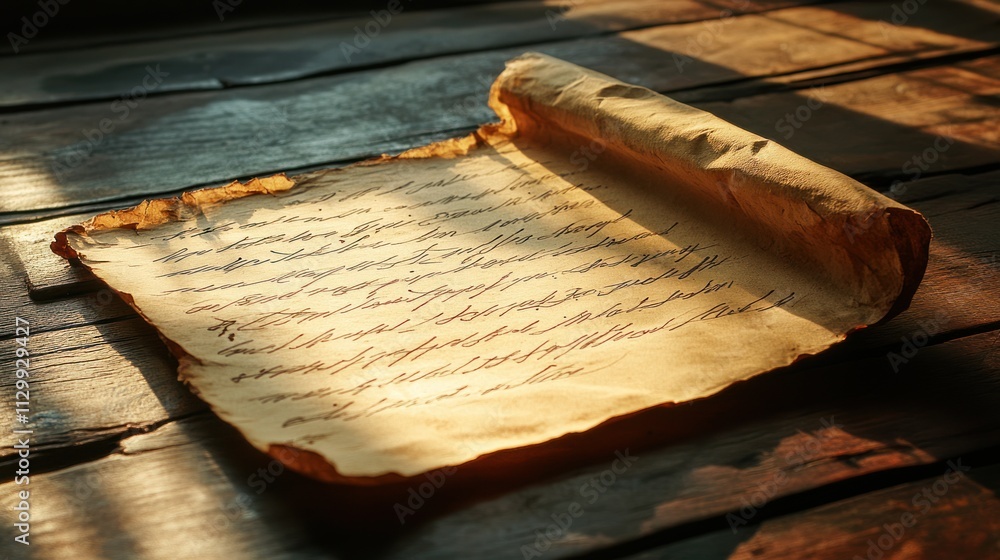 Poster an ancient scroll resting on a wooden surface, illuminated by soft light.