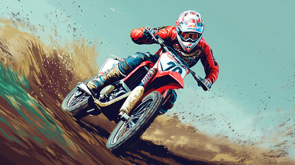 Motocross racer first corner. Drift. Illustration