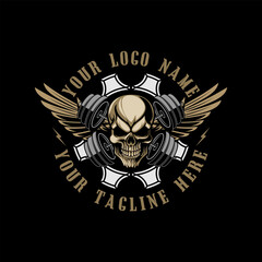 Fitness Skull Head with Crossed barbell logo vector template
