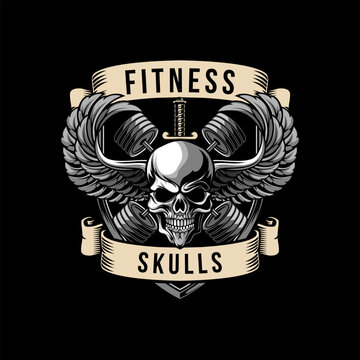 Skull with crossed gym barbells. Fitness logo skull and cross weights vector illustration