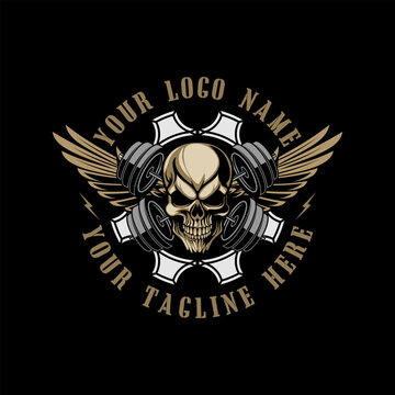Fitness Skull Head with Crossed barbell logo design template vector illustration