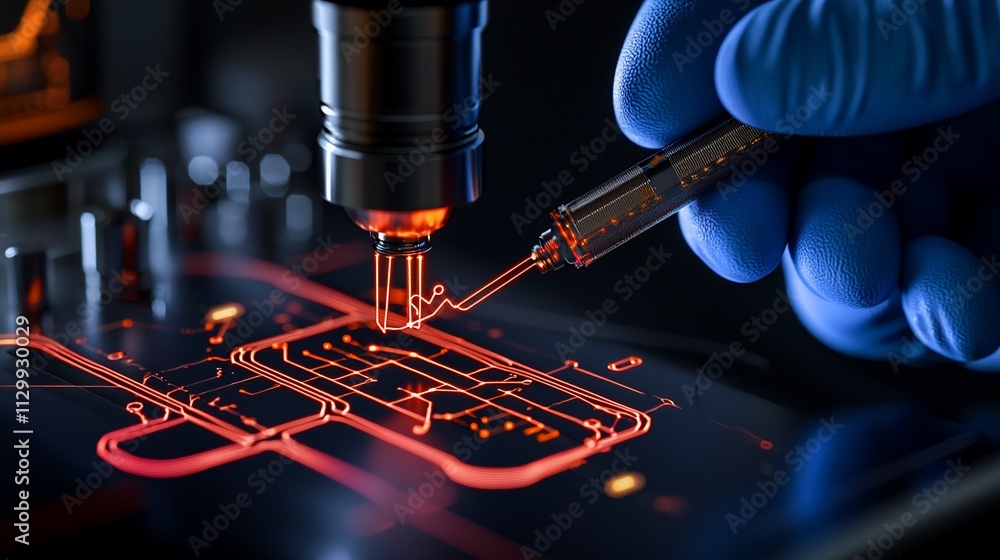 Aufkleber gloved hand using syringe in microchip research.